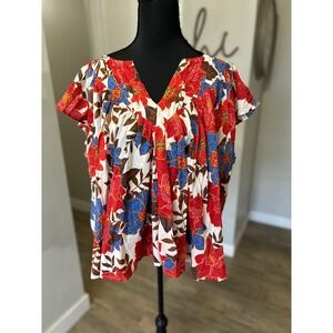 Maurices Womens 2X Floral V-Neck Pintuck 100% Cotton Top Red Blue NEW